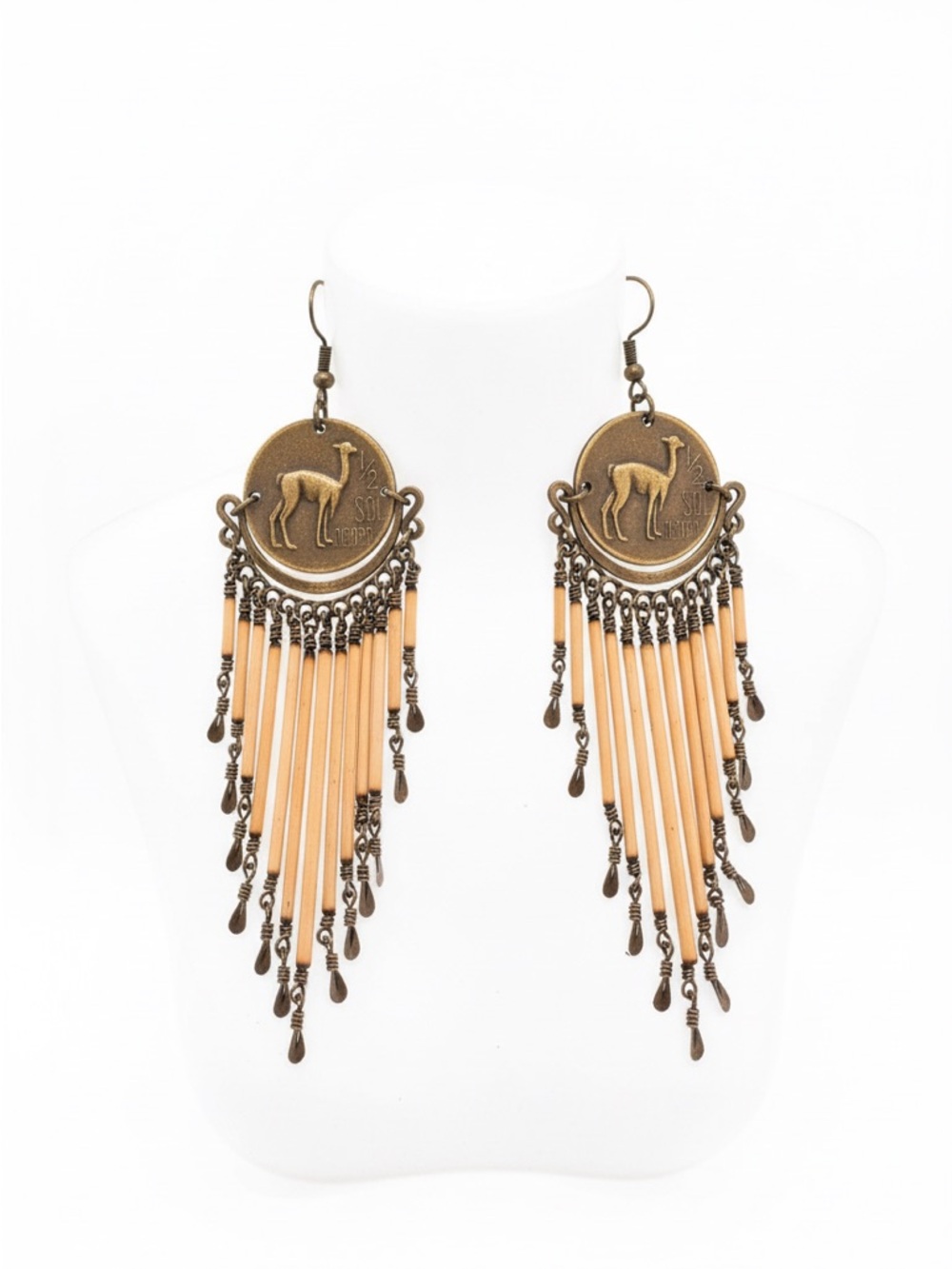 Boho Brass Coin Fringe Earrings with Camel Motif! - Picture 2 of 5